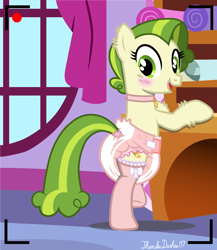Size: 1144x1320 | Tagged: safe, artist:thunderdasher07, imported from derpibooru, pistachio, earth pony, pony, bipedal, bipedal leaning, blushing, camera shot, carousel boutique, clothes, collar, crossdressing, diaper, diaper fetish, ear fluff, fake eyelashes, femboy, fetish, freckles, frilly socks, hoof fluff, implied rarity, leaning, male, non-baby in diaper, poofy diaper, raised leg, rarity's bedroom, recording, sissy, socks, solo, stallion, trap
