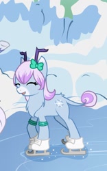 Size: 637x1024 | Tagged: safe, artist:churobu, imported from derpibooru, oc, oc only, oc:moon sparkle, deer, unideer, antlers, bow, cropped, deer oc, eyelashes, female, hair bow, hair over eyes, ice skates, ice skating, mare, non-pony oc, outdoors, skates, skating, smiling, snow, unshorn fetlocks