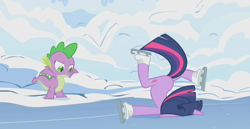 Size: 1906x985 | Tagged: safe, imported from derpibooru, screencap, spike, twilight sparkle, dragon, pony, unicorn, winter wrap up, :o, cropped, duo, faceplant, faic, female, floppy ears, ice, ice skating, mare, open mouth, ouch, snow, unicorn twilight, upscaled