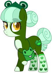 Size: 1695x2352 | Tagged: safe, artist:strawberry-spritz, imported from derpibooru, oc, oc only, earth pony, frog, pony, bag, base used, clothes, earth pony oc, eye clipping through hair, eyebrows, female, headband, lilypad, mare, raised eyebrow, simple background, socks, solo, transparent background