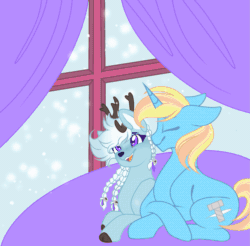 Size: 1645x1620 | Tagged: safe, artist:laceyscreations, imported from derpibooru, oc, oc only, oc:coco chaude, oc:skydreams, deer, pony, reindeer, unicorn, animated, base used, braid, commission, curtains, female, sitting, snow, snowfall, window, ych result