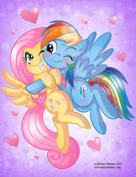 Size: 600x777 | Tagged: safe, artist:marybellamy, imported from derpibooru, fluttershy, rainbow dash, pegasus, pony, blushing, cheek to cheek, cute, duo, duo female, female, floating heart, flutterdash, gradient background, heart, hug, lesbian, looking at each other, looking at someone, one eye closed, one eye open, purple background, shipping, simple background, smiling, spread wings, wings