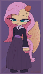 Size: 1377x2351 | Tagged: safe, artist:thealleycatc8, imported from derpibooru, fluttershy, pegasus, semi-anthro, arm hooves, clothes, dress, eyelashes, fluttergoth, goth, purple background, simple background, solo, unshorn fetlocks, wings