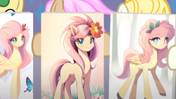 Size: 1280x721 | Tagged: safe, artist:agrol, imported from derpibooru, fluttershy, huckleberry, strawberry scoop, sugar cookie, butterfly, bust, cute, flower, flower in hair, friendship student, portrait, shyabetes, the element of kindness