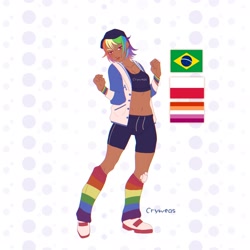 Size: 2048x2048 | Tagged: safe, artist:cryweas, imported from derpibooru, rainbow dash, human, alternate hairstyle, bandaid, belly button, brazil, clothes, dark skin, ear piercing, earring, female, humanized, jacket, jewelry, leg warmers, lesbian pride flag, midriff, piercing, poland, pride, pride flag, reference sheet, shoes, shorts, sneakers, solo, sports bra, sports shorts, varsity jacket