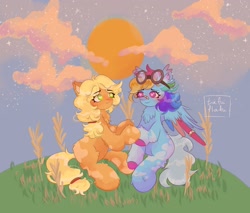 Size: 2000x1700 | Tagged: safe, artist:tafuflafu, imported from derpibooru, applejack, rainbow dash, earth pony, pegasus, pony, bandaid, bandaid on nose, chest fluff, coat markings, duo, female, goggles, goggles on head, heart, heart eyes, mare, wingding eyes