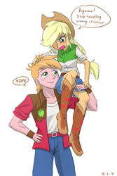 Size: 600x900 | Tagged: safe, artist:ta-na, imported from derpibooru, applejack, big macintosh, human, equestria girls, blushing, boots, brother and sister, carrying, clothes, cowboy boots, dialogue, duo, embarrassed, engrish, female, high heel boots, male, shoes, shoulder carry, siblings, simple background, skirt, white background