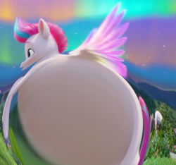 Size: 558x523 | Tagged: safe, artist:loopedpuddle, edit, editor:loopedpuddle, imported from derpibooru, zipp storm, pegasus, 1000 years in photoshop, belly, belly bed, big belly, flying, g5, huge belly, impossibly large belly, my little pony: a new generation, wat