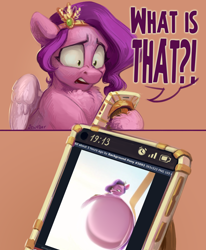 Size: 2500x3030 | Tagged: safe, artist:jewellier, derpibooru exclusive, editor:loopedpuddle, imported from derpibooru, pipp petals, pegasus, pony, 1000 years in photoshop, balloon, belly, belly bed, big belly, cellphone, chest fluff, exploitable meme, female, g5, hoof hold, huge belly, impossibly large belly, mare, meme, meta, my little pony: a new generation, phone, pinpoint eyes, pipp petals is not amused, shocked, shocked expression, shocked pipp meme, solo, speech, talking, template, text, unamused, wat