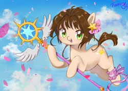 Size: 1510x1080 | Tagged: safe, artist:song_fantasy, imported from derpibooru, earth pony, pony, cardcaptor sakura, female, filly, foal, open mouth, ponified, rose petals, sakura kinomoto, solo, staff