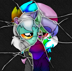 Size: 1521x1507 | Tagged: safe, artist:background basset, imported from derpibooru, lyra heartstrings, pony, unicorn, broken, bust, clothes, dig the swell hoodie, hoodie, shattered, simple background, solo