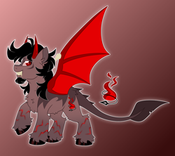 Size: 5204x4620 | Tagged: safe, artist:crazysketch101, imported from derpibooru, oc, oc only, oc:lucifer, demon, demon pony, pony, bat wings, devil tail, gradient background, horns, sharp teeth, solo, tail, teeth, unshorn fetlocks, wings