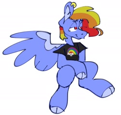 Size: 1654x1571 | Tagged: safe, artist:partyponypower, imported from derpibooru, rainbow dash, pegasus, pony, clothes, cloven hooves, ear piercing, piercing, shirt, simple background, sitting, smiling, smirk, solo, spread wings, t-shirt, white background, wings