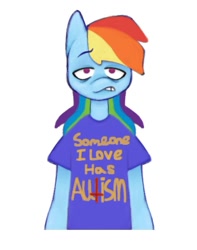Size: 879x1117 | Tagged: safe, artist:partyponypower, imported from derpibooru, rainbow dash, anthro, pegasus, clothes, frown, looking at you, shirt, simple background, solo, standing, t-shirt, text, white background