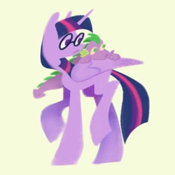 Size: 1200x1200 | Tagged: safe, artist:partyponypower, imported from derpibooru, spike, twilight sparkle, alicorn, dragon, pony, female, frown, glasses, lidded eyes, looking back, male, mare, raised hoof, simple background, standing, twilight sparkle (alicorn)