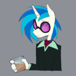 Size: 1000x1000 | Tagged: safe, artist:partyponypower, imported from derpibooru, dj pon-3, vinyl scratch, anthro, unicorn, alcohol, clothes, frown, glasses, hand, simple background, solo