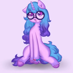 Size: 894x894 | Tagged: safe, artist:sinnamonsol, imported from derpibooru, izzy moonbow, pony, unicorn, blue mane, bracelet, cute, friendship bracelet, g5, glasses, izzybetes, jewelry, my little pony: a new generation, my little pony: tell your tale, one ear down, open mouth, open smile, purple coat, sitting, smiling, solo, unshorn fetlocks
