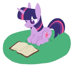 Size: 940x871 | Tagged: safe, artist:partyponypower, imported from derpibooru, twilight sparkle, pony, unicorn, book, looking down, lying down, simple background, smiling, solo, unicorn twilight, white background