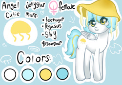 Size: 1069x747 | Tagged: safe, artist:sinnamonsol, imported from derpibooru, oc, oc:angel jellystar, jellyfish, pegasus, pony, blue mane, female, female symbol, folded wings, hat, highlights, mare, pegasus oc, reference sheet, solo, teenager, white coat, wings, yellow eyes