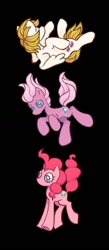 Size: 492x1131 | Tagged: safe, artist:partyponypower, imported from derpibooru, pinkie pie, pinkie pie (g3), surprise, earth pony, pegasus, pony, black background, g1, g3, g4, generational ponidox, simple background