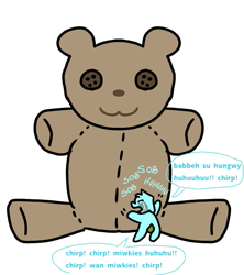 Size: 617x695 | Tagged: safe, imported from derpibooru, fluffy pony, begging, blind, chirping, fluffy pony foal, foal, plushie, sad, sobbing, starvation, teddy bear