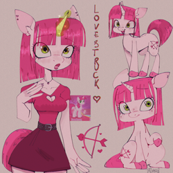 Size: 3072x3072 | Tagged: safe, artist:thealleycatc8, imported from derpibooru, oc, oc only, oc:lovestruck, anthro, pony, unicorn, anthro with ponies, clothes, colored hooves, female, horn, mare, simple background, skirt, smiling, unicorn oc