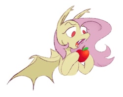 Size: 1000x784 | Tagged: safe, artist:partyponypower, imported from derpibooru, fluttershy, bat pony, pony, apple, bat ponified, bust, fangs, flutterbat, food, race swap, red eyes, sharp teeth, simple background, solo, spread wings, teeth, white background, wings
