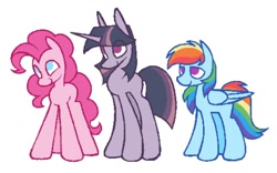 Size: 1000x624 | Tagged: safe, artist:partyponypower, imported from derpibooru, pinkie pie, rainbow dash, twilight sparkle, earth pony, pegasus, pony, unicorn, simple background, smiling, standing, trio, white background