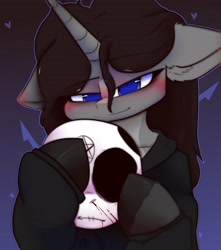 Size: 3000x3400 | Tagged: safe, artist:thealleycatc8, imported from derpibooru, oc, oc only, unicorn, bust, floppy ears, gradient background, horn, mask, solo, unicorn oc