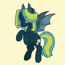 Size: 1000x1000 | Tagged: safe, artist:partyponypower, imported from derpibooru, oc, bat pony, pony, bat pony oc, fangs, flying, raised hoof, simple background, smiling, solo, spread wings, wings