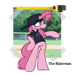 Size: 1000x1000 | Tagged: safe, artist:partyponypower, imported from derpibooru, pinkie pie, earth pony, pony, clothes, hat, hoof on hip, shirt, simple background, solo, standing on two hooves, text