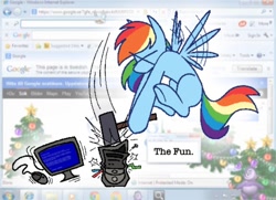 Size: 1000x723 | Tagged: safe, artist:partyponypower, imported from derpibooru, rainbow dash, pegasus, pony, blue screen of death, bonzi buddy, computer, flying, hammer, internet explorer, microsoft windows, solo, spread wings, text, vinesauce, windows 7, wings