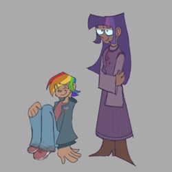 Size: 1000x1000 | Tagged: safe, artist:partyponypower, imported from derpibooru, rainbow dash, twilight sparkle, human, clothes, denim, duo, freckles, glasses, gray background, humanized, jacket, jeans, pants, simple background, sitting, skirt, smiling, standing