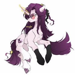 Size: 2560x2539 | Tagged: safe, artist:spoosha, imported from derpibooru, oc, oc only, pony, unicorn, chest fluff, curved horn, glasses, glowing, glowing horn, horn, simple background, solo, unicorn oc, unshorn fetlocks, white background