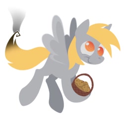 Size: 1000x1000 | Tagged: safe, artist:partyponypower, imported from derpibooru, derpy hooves, pegasus, pony, basket, flying, food, missing cutie mark, muffin, simple background, smiling, solo, white background