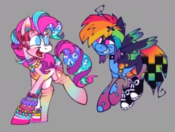 Size: 2048x1536 | Tagged: safe, artist:partyponypower, imported from derpibooru, pinkie pie, rainbow dash, earth pony, pegasus, pony, clothes, converse, gray background, shoes, simple background, smiling, solo