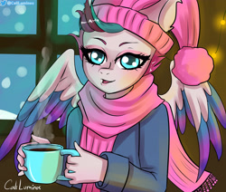 Size: 3746x3177 | Tagged: safe, artist:cali luminos, imported from derpibooru, zipp storm, anthro, pegasus, bust, clothes, coffee, commission, fanart, female, g5, high res, mare, mug, portrait, scarf, snow, solo, window, winter, winter outfit