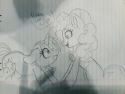 Size: 2048x1536 | Tagged: safe, artist:yourpennypal, imported from derpibooru, pinkie pie, twilight sparkle, unicorn, chest fluff, dialogue, floppy ears, graph paper, lined paper, pinkie sense, text, traditional art, unicorn twilight