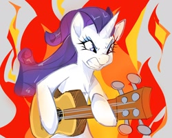 Size: 1882x1509 | Tagged: safe, artist:ecstasydemon, imported from derpibooru, rarity, pony, unicorn, honest apple, angry, fire, guitar, guitarity, musical instrument, scene interpretation, solo, teeth