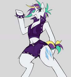 Size: 1381x1509 | Tagged: safe, artist:ecstasydemon, imported from derpibooru, rarity, semi-anthro, unicorn, alternate hairstyle, clothes, hooves, midriff, punk, raripunk, shorts, smiling, solo, spiked wristband, standing, standing on two hooves, wristband