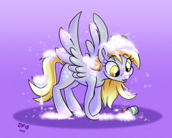 Size: 3129x2518 | Tagged: safe, artist:dragonfoxgirl, imported from derpibooru, derpy hooves, pegasus, pony, glitter, purple background, simple background, solo, spill, surprised