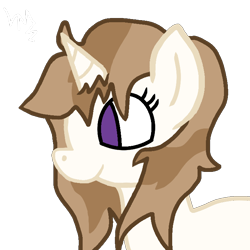 Size: 720x720 | Tagged: safe, artist:fluffymarsh, imported from derpibooru, oc, oc only, oc:fluffymarsh, unicorn, brown mane, female, first drawing, food, happy, horn, mare, marshmallow, purple eyes, show accurate, signature, simple background, solo, transparent background, unicorn oc