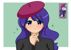 Size: 1828x1282 | Tagged: safe, artist:kittyrosie, imported from derpibooru, screencap, rarity, human, pony, unicorn, season 2, sweet and elite, beatnik rarity, beret, blushing, clothes, cute, eyes closed, hat, humanized, looking at you, raribetes, smiling, smiling at you, sweater