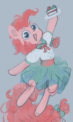 Size: 515x852 | Tagged: safe, artist:krista-21, imported from derpibooru, pinkie pie, earth pony, semi-anthro, cake, clothes, dress, female, food, hoof hold, looking at you, mare, open mouth, open smile, simple background, sketch, smiling, smiling at you, solo, wip