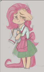 Size: 519x850 | Tagged: safe, artist:krista-21, imported from derpibooru, fluttershy, pegasus, semi-anthro, apron, clothes, dress, female, floppy ears, gray background, looking at you, mare, simple background, sketch, smiling, smiling at you, solo, towel, wip