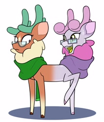 Size: 2551x3000 | Tagged: safe, artist:mrneo, imported from derpibooru, cashmere (tfh), oc, oc:mohair, deer, reindeer, them's fightin' herds, antlers, canon x oc, clothes, community related, conjoined, fusion, glasses, looking at each other, looking at someone, looking back, merging, mocash, open mouth, open smile, pinpoint eyes, pushmi-pullyu, scarf, shipping, simple background, smiling, we have become one, white background