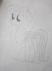 Size: 3120x4208 | Tagged: safe, artist:xuf, imported from derpibooru, fluttershy, pegasus, pony, dilated pupils, i has pencil, low quality, monochrome, sketch, solo, traditional art