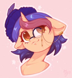 Size: 1821x1956 | Tagged: safe, artist:amishy, imported from derpibooru, oc, oc only, pony, unicorn, bust, female, floppy ears, hat, horn, mare, monocle, outline, pink background, simple background, smiling, solo, unicorn oc