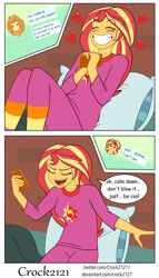 Size: 1280x2232 | Tagged: safe, artist:crock2121, imported from derpibooru, adagio dazzle, sunset shimmer, human, equestria girls, equestria girls series, blushing, clothes, cute, duo, duo female, female, lesbian, pajamas, phone, shimmerbetes, shipping, smiling, sunsagio, text