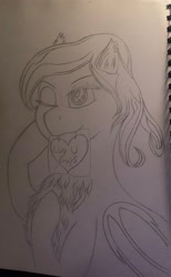 Size: 2475x4029 | Tagged: safe, artist:darkini von blessy, imported from derpibooru, oc, oc only, bat pony, pony, drawing, happy, heart, lineart, monochrome, pencil drawing, pony oc, sketch, sketchbook, smiling, solo, traditional art